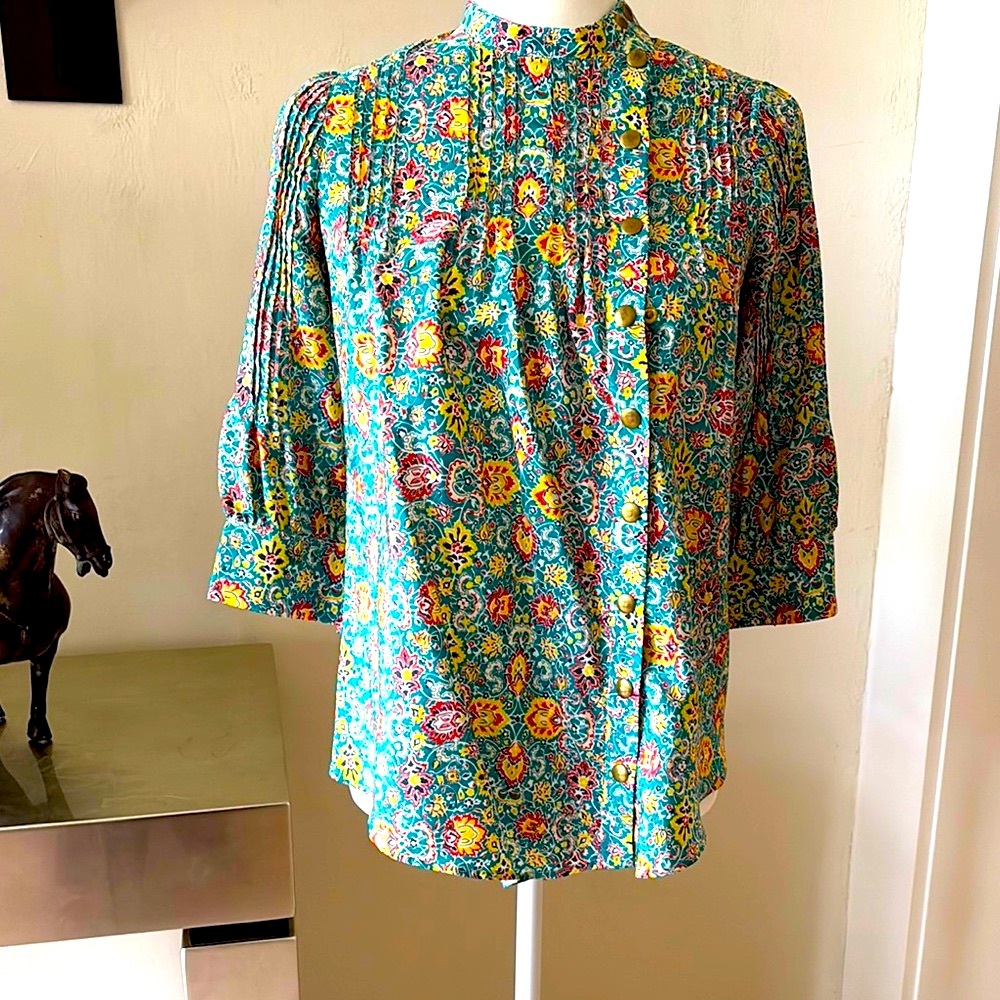 Lauren Moffatt Silk Blouse/Top, Sz XS green flower motif